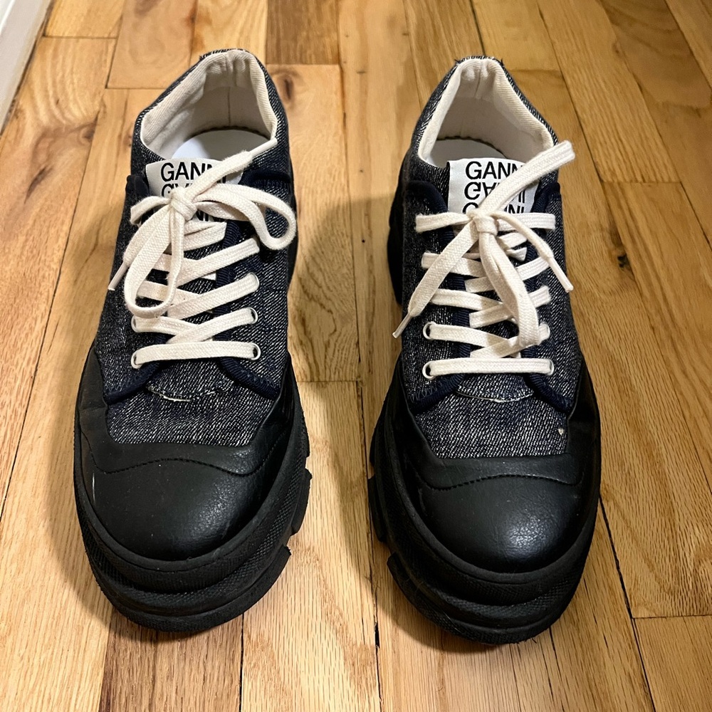Ganni hybrid leather-trimmed denim platform sneakers